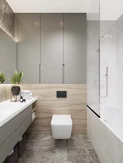 Modern Bathroom Interior With Grey Cabinets Marble Walls White Toilet And Shower Area 3d model