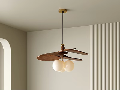 Modern Wooden Blade Chandelier With Double Spherical Bulbs In Minimalist Interior 3d model