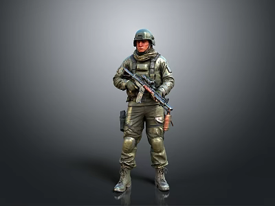 Military Soldier In Combat Uniform With Helmet And Rifle Standing Pose 3d model