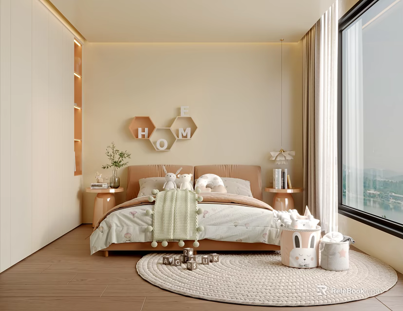 Kids Room Interior Design With Bed HOME Hexagon Wall Art Round Rug And Toys 3d model 