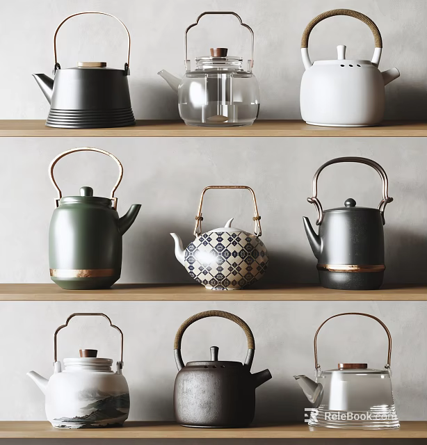 Assorted Teapots With Various Designs And Colors Displayed On Wooden Shelf 3d model 