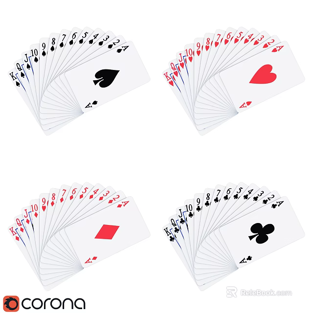 Complete Playing Cards Deck Display With Four Suits Spades Hearts Diamonds Clubs 3d model 