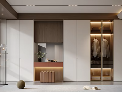 Modern Illuminated Walk in Closet With White Cabinets Wooden Accents And Glass Door Hanging Space 3d model
