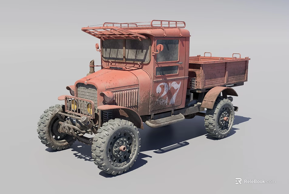 Old Red Rusty Utility Truck With Large Tires Open Bed And Roof Rack 3d model 