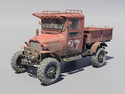 Old Red Rusty Utility Truck With Large Tires Open Bed And Roof Rack 3d model