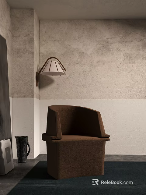 Comfortable Brown Fabric Accent Chair in Modern Room with Gray White Walls and Wall Lamp 3d model 