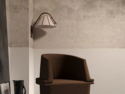 Comfortable Brown Fabric Accent Chair in Modern Room with Gray White Walls and Wall Lamp 3d model
