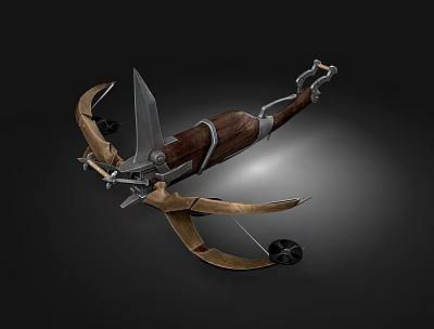 Medieval Crossbow Weapon With Wooden Metal Frame Curved Limbs And Mechanical Parts 3d model