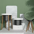 Modern Home Appliances With Wooden Stands And Marble Panels Against Green Ribbed Wall