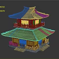 Ancient Architecture Two Story Pavilion With Blue Tiled Roof Red Wooden Structure And Stone Steps