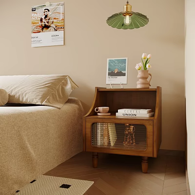 Wooden Bedside Table With Glass Door Storage Cup Books And Vase Next To Bed 3d model