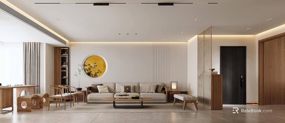 Modern Living Dining Room Interior With Beige Sofa Circular Yellow Painting And Wooden Coffee Table 3d model 