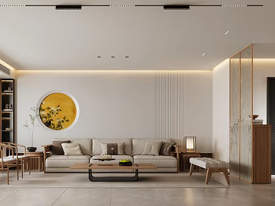 Modern Living Dining Room Interior With Beige Sofa Circular Yellow Painting And Wooden Coffee Table 3d model