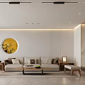Modern Living Dining Room Interior With Beige Sofa Circular Yellow Painting And Wooden Coffee Table