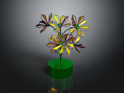 Colorful Flower Shaped Decorative Ornament Set With Multicolored Petals And Green Base 3d model
