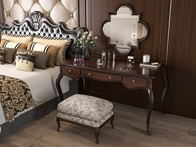 Classic Dark Wooden Dressing Table With Mirror Vase Perfume Bottles Candle And Stool 3d model