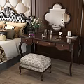 Classic Dark Wooden Dressing Table With Mirror Vase Perfume Bottles Candle And Stool