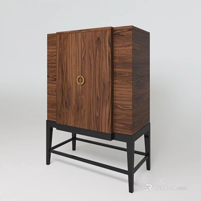 Wooden Entryway Side Cabinet with Wood Grain Finish Round Metal Handle and Black Legs 3d model 