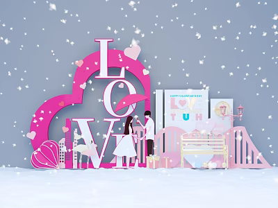 Romantic LOVE Photo Check in Spot With Pink Heart Snowflakes And Couple Silhouette 3d model