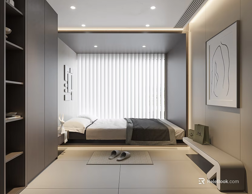 Modern Minimalist Bedroom Interior Design With Bed Wardrobe Curtains Wall Art And Carpet 3d model 