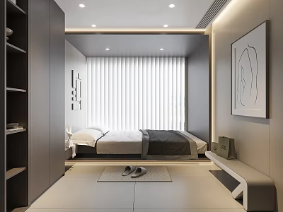 Modern Minimalist Bedroom Interior Design With Bed Wardrobe Curtains Wall Art And Carpet 3d model