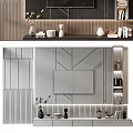 Modern TV Background Wall Design With Geometric Lines Wooden Panels And Decorative Shelves