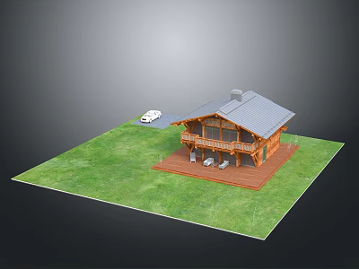 Wooden Cabin With Gray Roof Terrace And White Car On Green Grass Surroundings 3d model