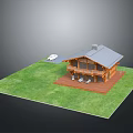 Wooden Cabin With Gray Roof Terrace And White Car On Green Grass Surroundings
