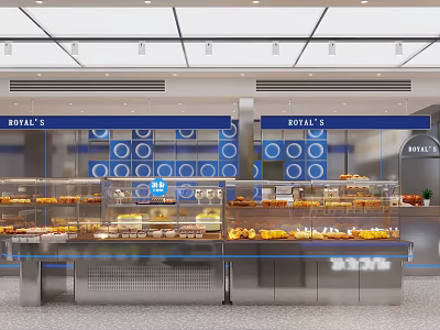 Royal's Dessert Shop Interior With Glass Display Cases Fresh Cakes Pastries And Blue Circular Patterns 3d model