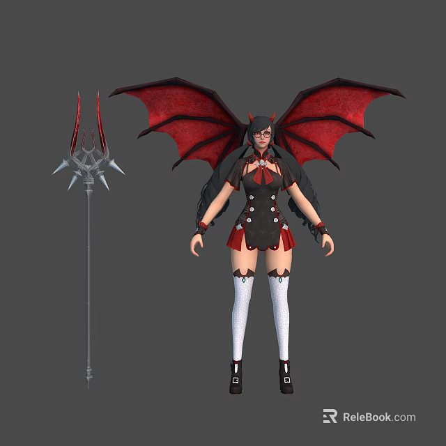 Dark Fantasy Female Character With Red Bat Wings Black Red Outfit White Socks And Spiked Weapon 3d model 
