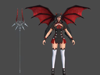 Dark Fantasy Female Character With Red Bat Wings Black Red Outfit White Socks And Spiked Weapon 3d model