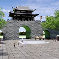 Ancient Chinese Architecture City Gate Tower Featuring Stone Walls Curved Eaves Plaza And Trees