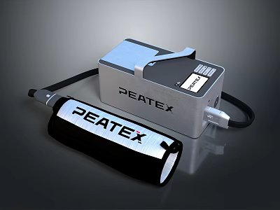 PEATEX Silver Box And Black Cylindrical Device With Brand Logo 3d model