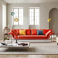 Modern Living Room Interior With Orange Sofa Armchair Pendant Lights And Area Rug