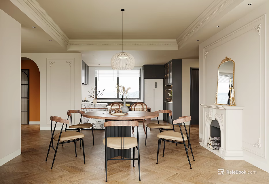 Modern Dining Room Interior Design With Open Concept Dining Table Chairs And Pendant Light 3d model