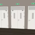 White Double Doors With Glass Panels Green Emergency Exit Signs Gray Walls Wooden Flooring