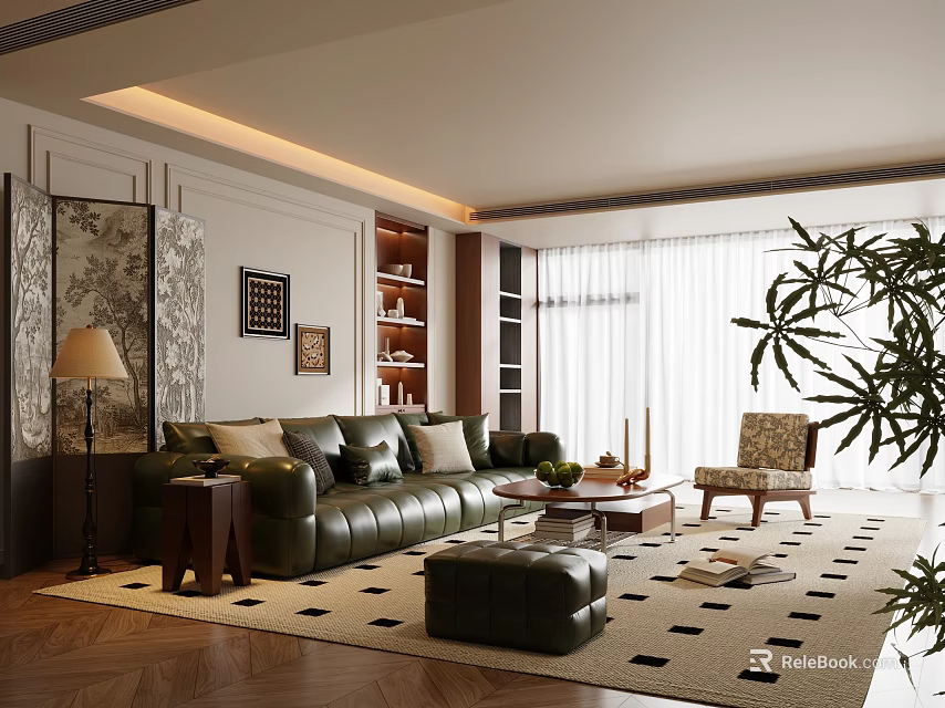 Living Room Interior With Leather Sofa Patterned Rug Bookshelf Coffee Table And Potted Plant 3d model 