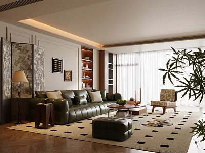 Living Room Interior With Leather Sofa Patterned Rug Bookshelf Coffee Table And Potted Plant 3d model