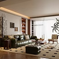 Living Room Interior With Leather Sofa Patterned Rug Bookshelf Coffee Table And Potted Plant
