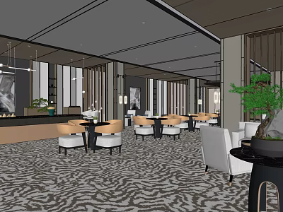 Modern Lounge Area Interior Design With Tables Chairs Green Plants And Patterned Carpet 3d model