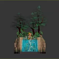 Animated Fantasy Character Sitting On Waterfall With Green Trees And Lush Plants On Rock Base