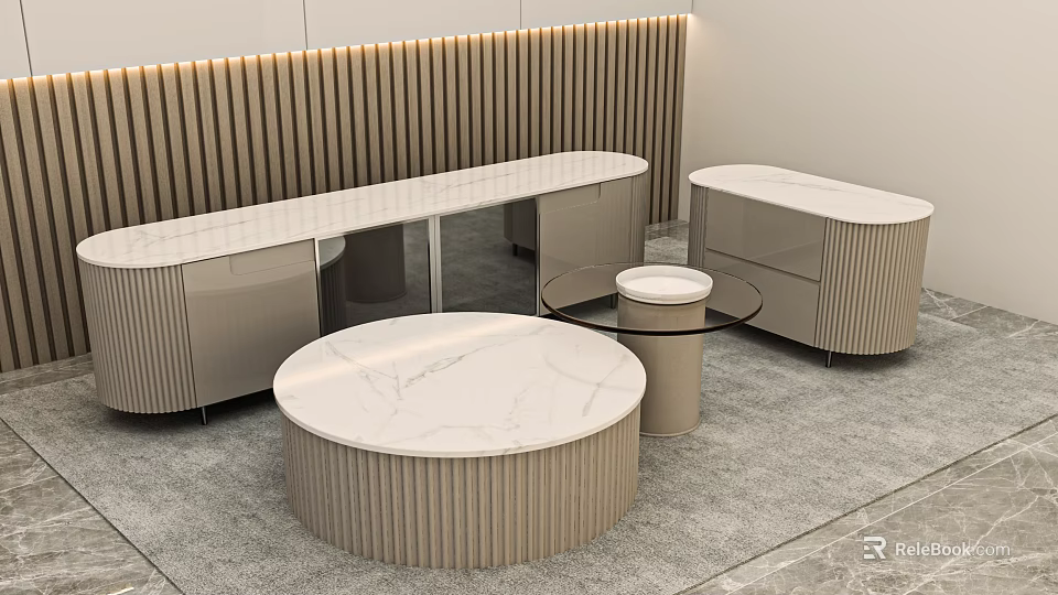 Modern Round Coffee Table With White Marble Top And Textured Base In Living Room Design 3d model 