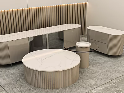 Modern Round Coffee Table With White Marble Top And Textured Base In Living Room Design 3d model