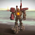 Mech Robot With Glowing Core Red Flag And Rocky Legs Stands By Coastal Bridge