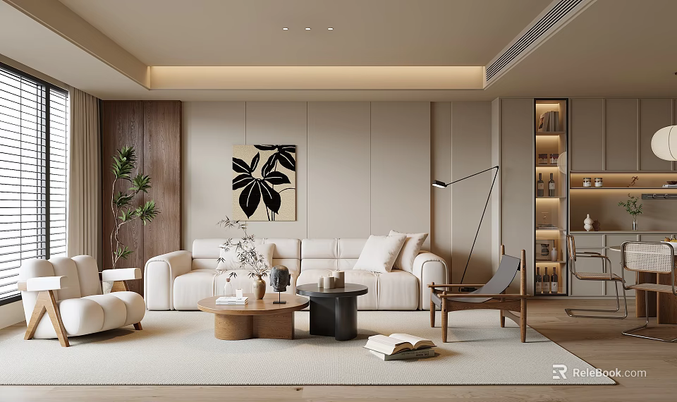 Modern Living And Dining Area With Neutral Tones And Cozy Furnishings 3d model 