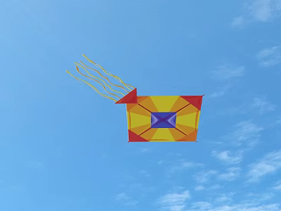 Yellow Red and Purple Geometric Kite Flying in Blue Sky with White Clouds 3d model