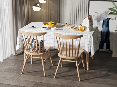 Modern Dining Table Set With Checkered Tablecloth Wooden Chairs And Fruits 3d model