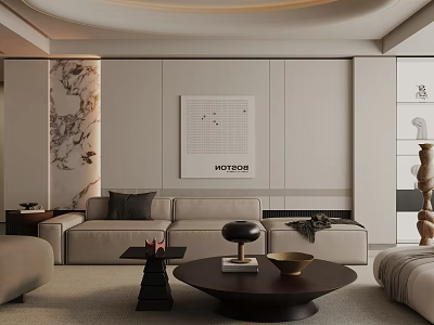 Modern Living Room Interior With Beige Sofa Round Coffee Table Marble Wall And Artwork 3d model