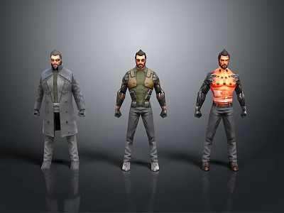 Three Male Character Models With Different Outfits And Armor Designs 3d model