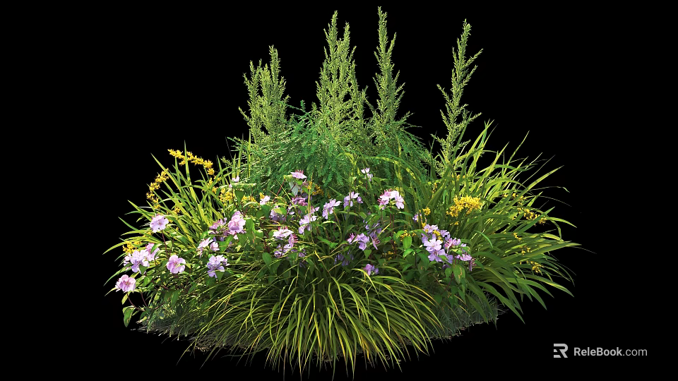 Green Shrubs With Purple Yellow Flowers And Slender Grasses In Garden Landscape 3d model 